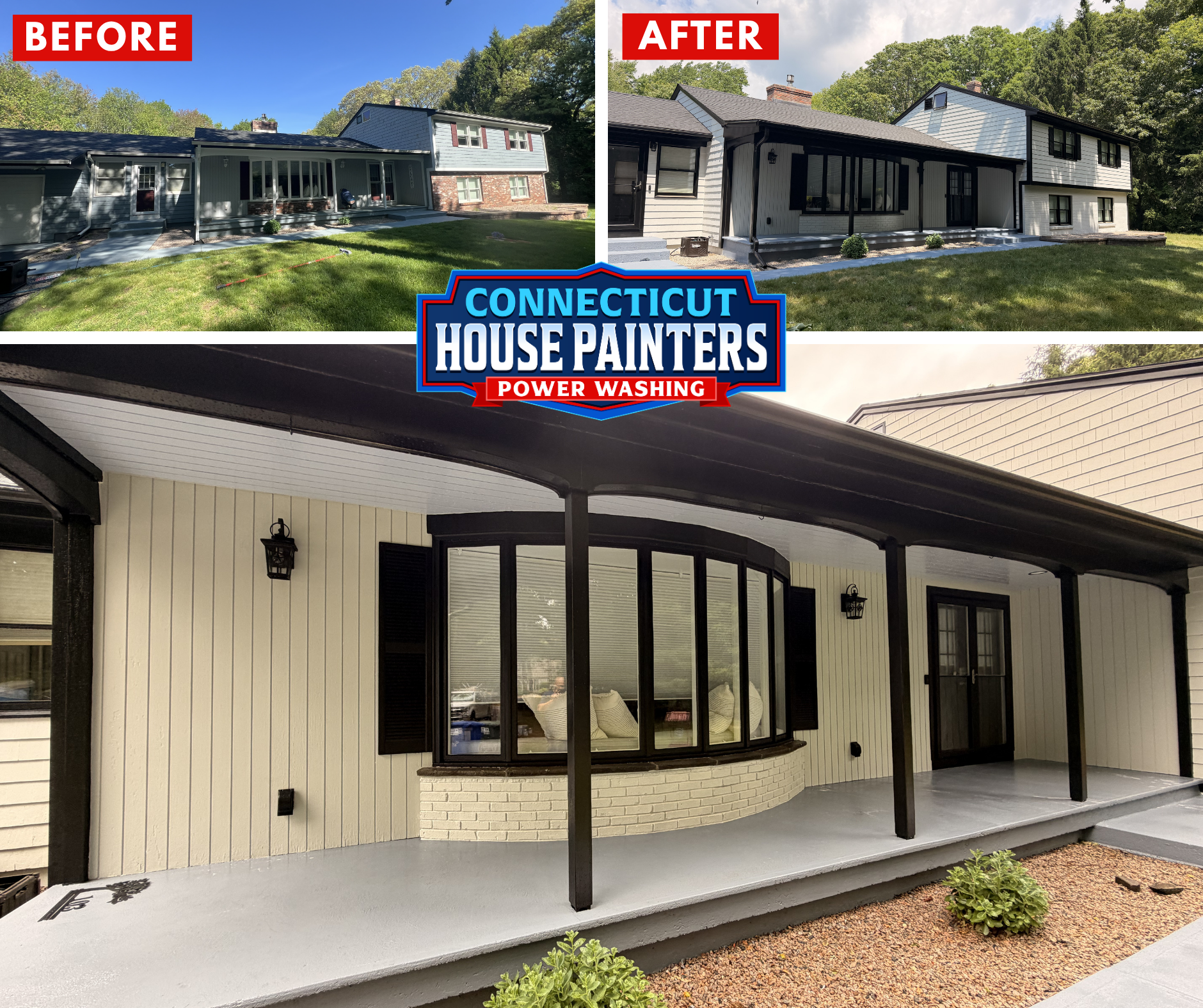 Before and after exterior painting project by Connecticut House Painters in Stonington